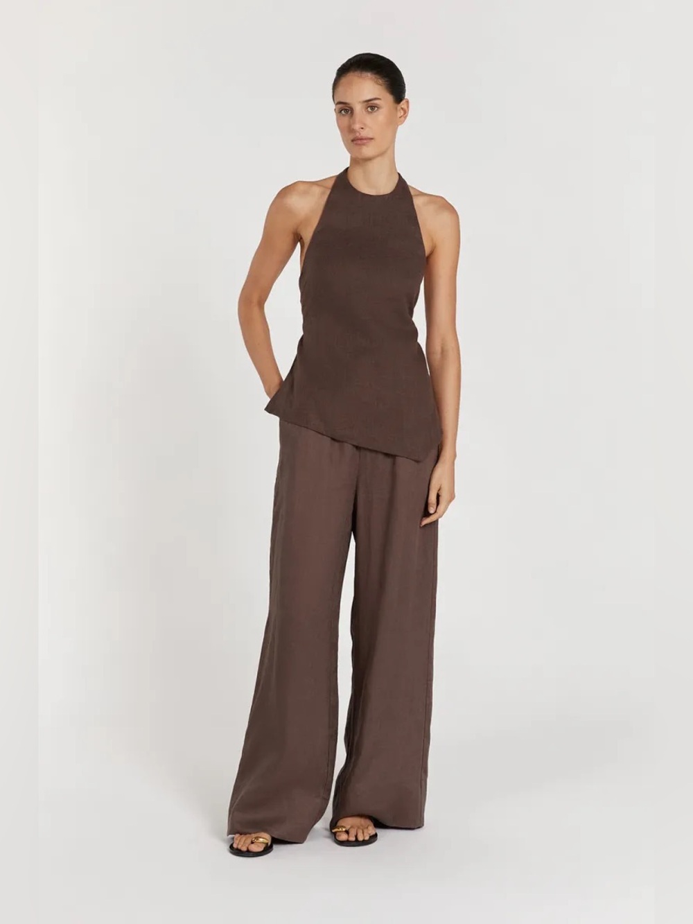 DISSH Serena top & Wide-Leg Linen Pants in chocolate brown.